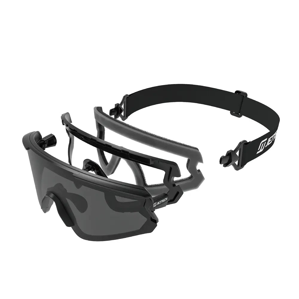 Sunglasses with colorful lenses and black frame on a white background