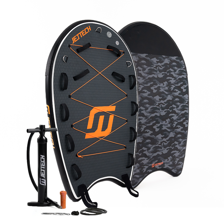 Wakesurf board with camouflage design, pump, and accessories on a white background