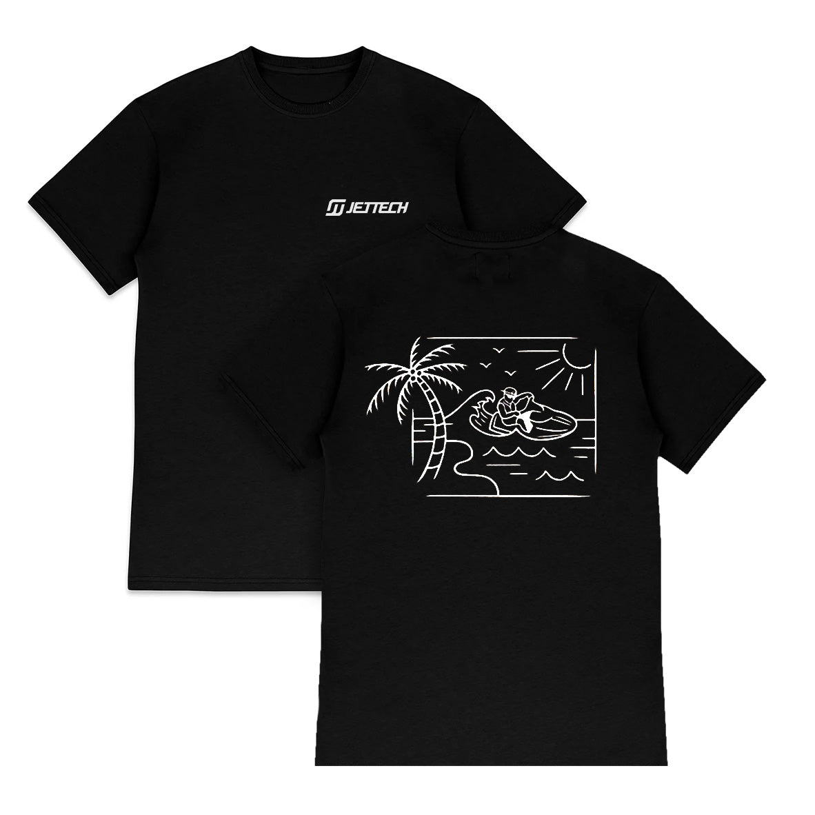 A black crew neck t-shirt with the text 'JET TECH' printed on the chest.