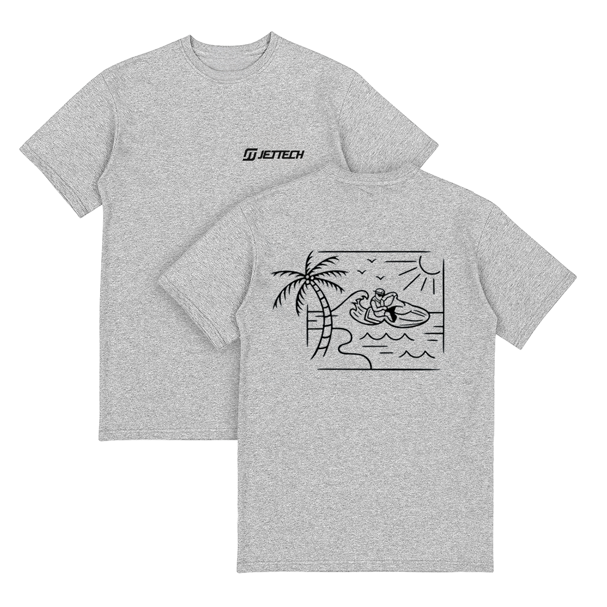 Gray t-shirt with a graphic design and brand logo on a white background