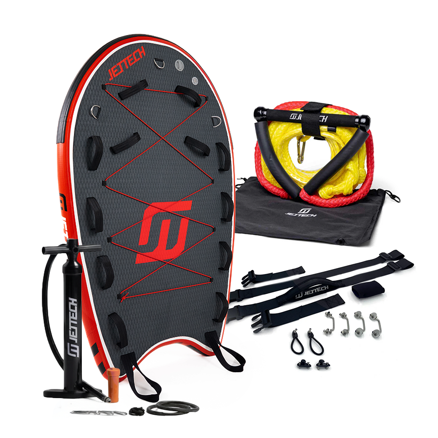 Set of water sports equipment including a board, pump, and accessories on a white background