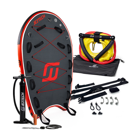 Set of water sports equipment including a board, pump, and accessories on a white background