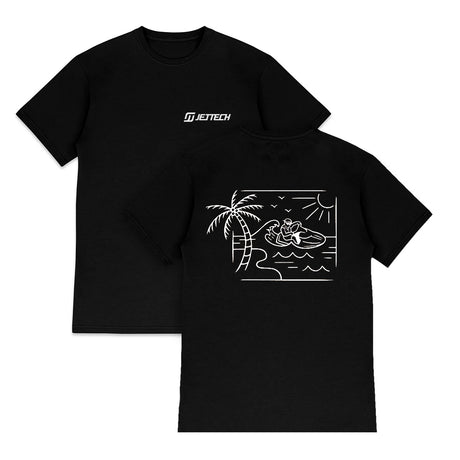 A black crew neck t-shirt with the text 'JET TECH' printed on the chest.
