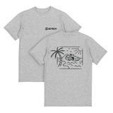 Gray t-shirt with a graphic design and brand logo on a white background