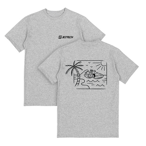 Gray t-shirt with a graphic design and brand logo on a white background