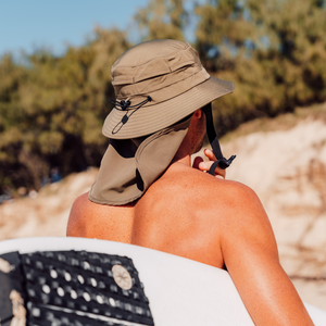 man unclipping waterproof surf hat